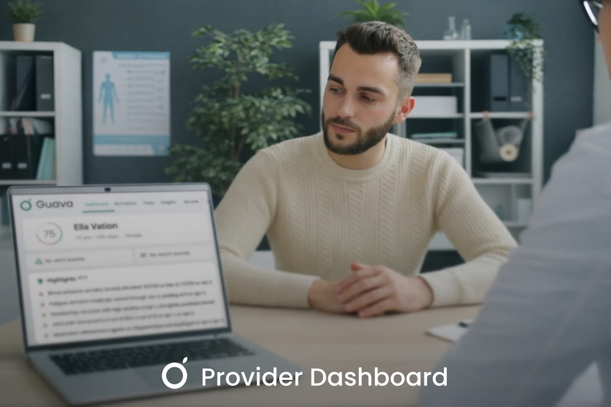 Guava app features for patients, including labs, AI assistance, health scores, messaging, and symptom tracking