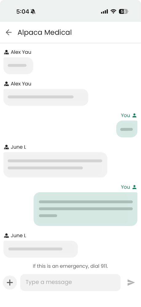Secure messaging in the Guava app for patient communication with a care team, including document and image sharing