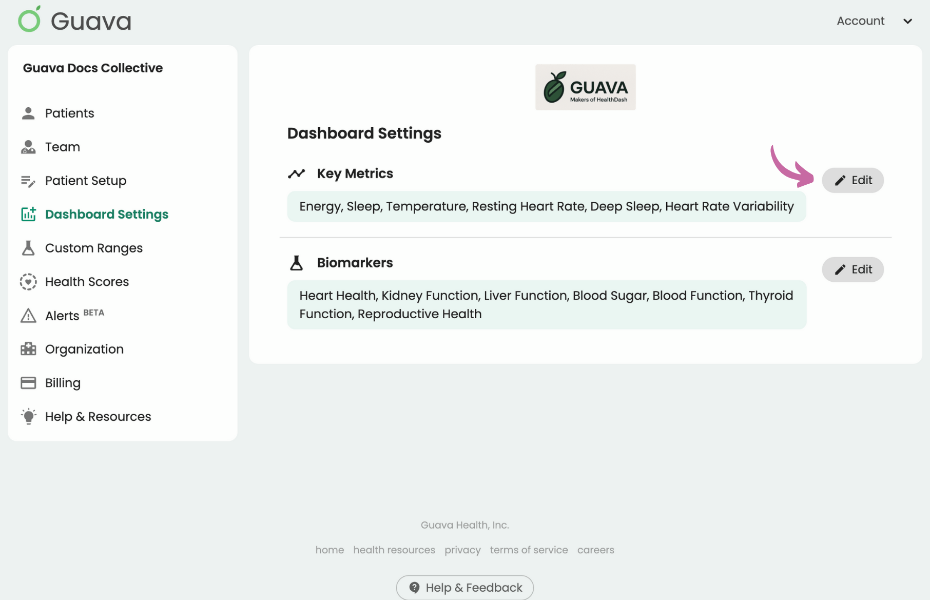 Settings page for customizing default patient metrics in Guava's Provider Dashboard