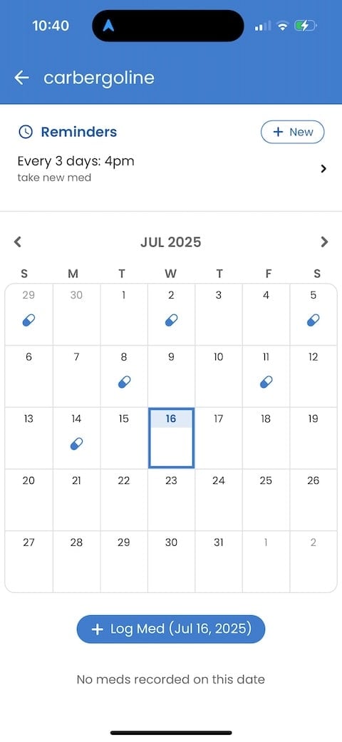 Example scheduled dose in the Guava med tracking app for every-three-day meds