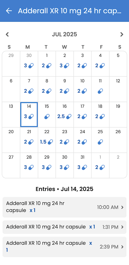 Medication adherence chart in the Guava med tracking app
