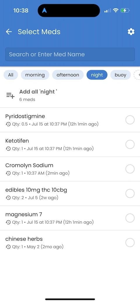 Night med group organization in the Guava med tracking app