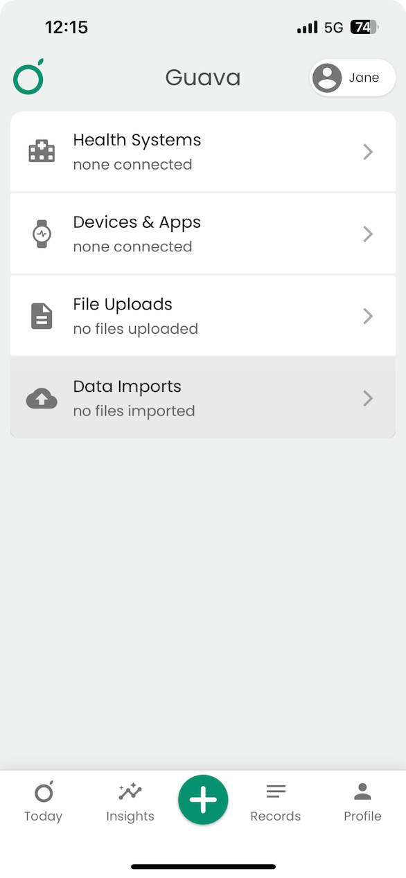 Guava Bulk Data Import screen showing quick import options including Medisafe
