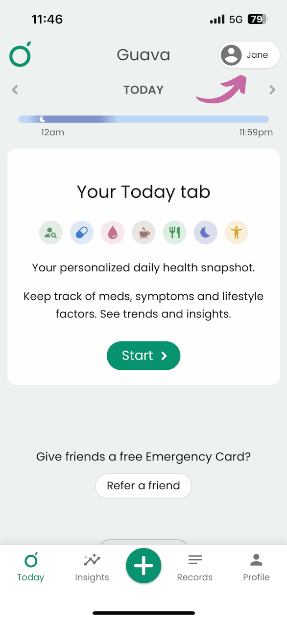 Guava profile screen showing navigation to Data Sources