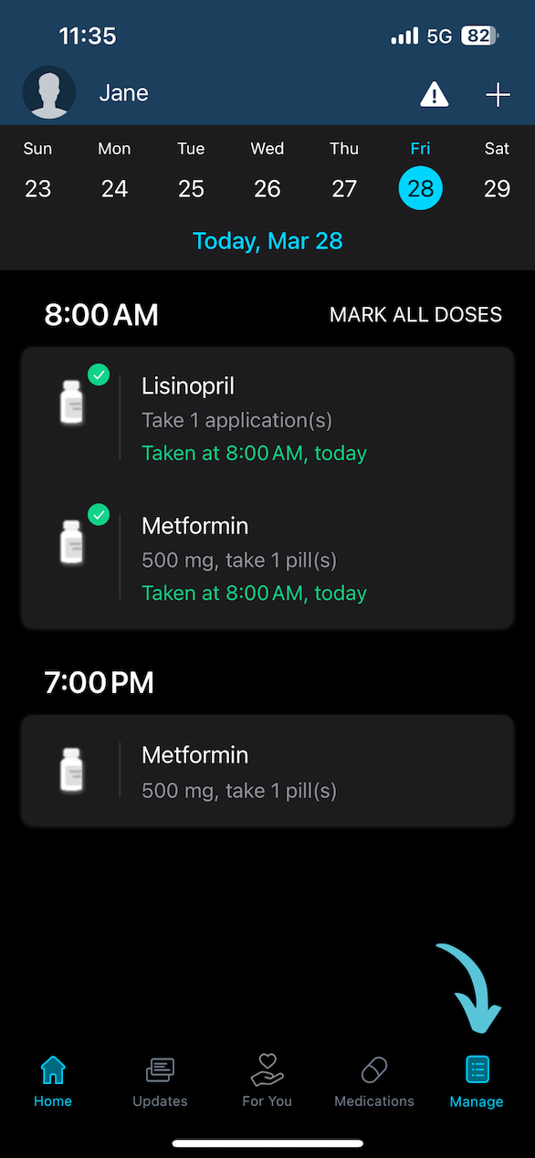Medisafe app home screen showing navigation to the Manage tab