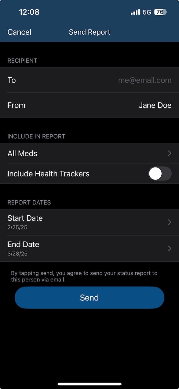 Send Report screen in Medisafe showing email export options