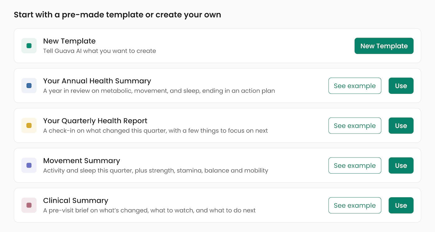 Template options in Guava's Patient Summaries feature, including annual, quarterly, and movement summaries, plus a custom template option