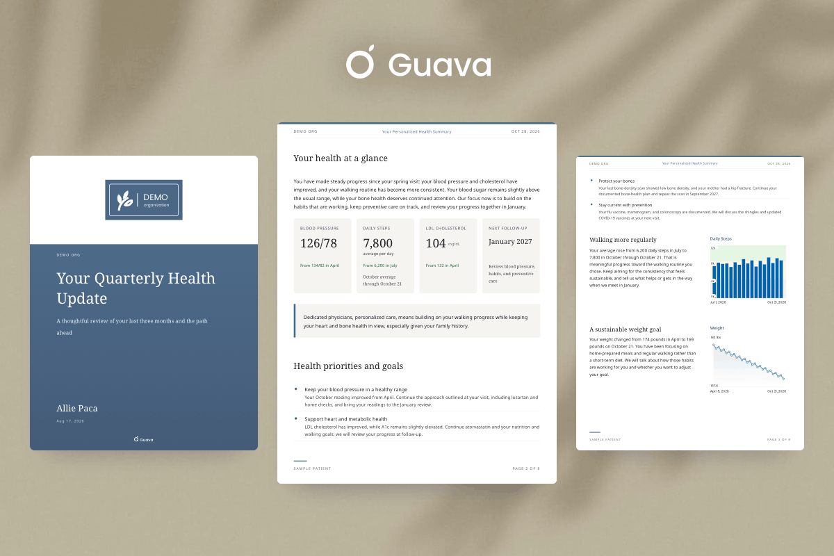 Three pages from AI-generated patient reports: a branded quarterly health update cover, a health-at-a-glance page with key metrics, and a page of step and weight trends with plain-language interpretation