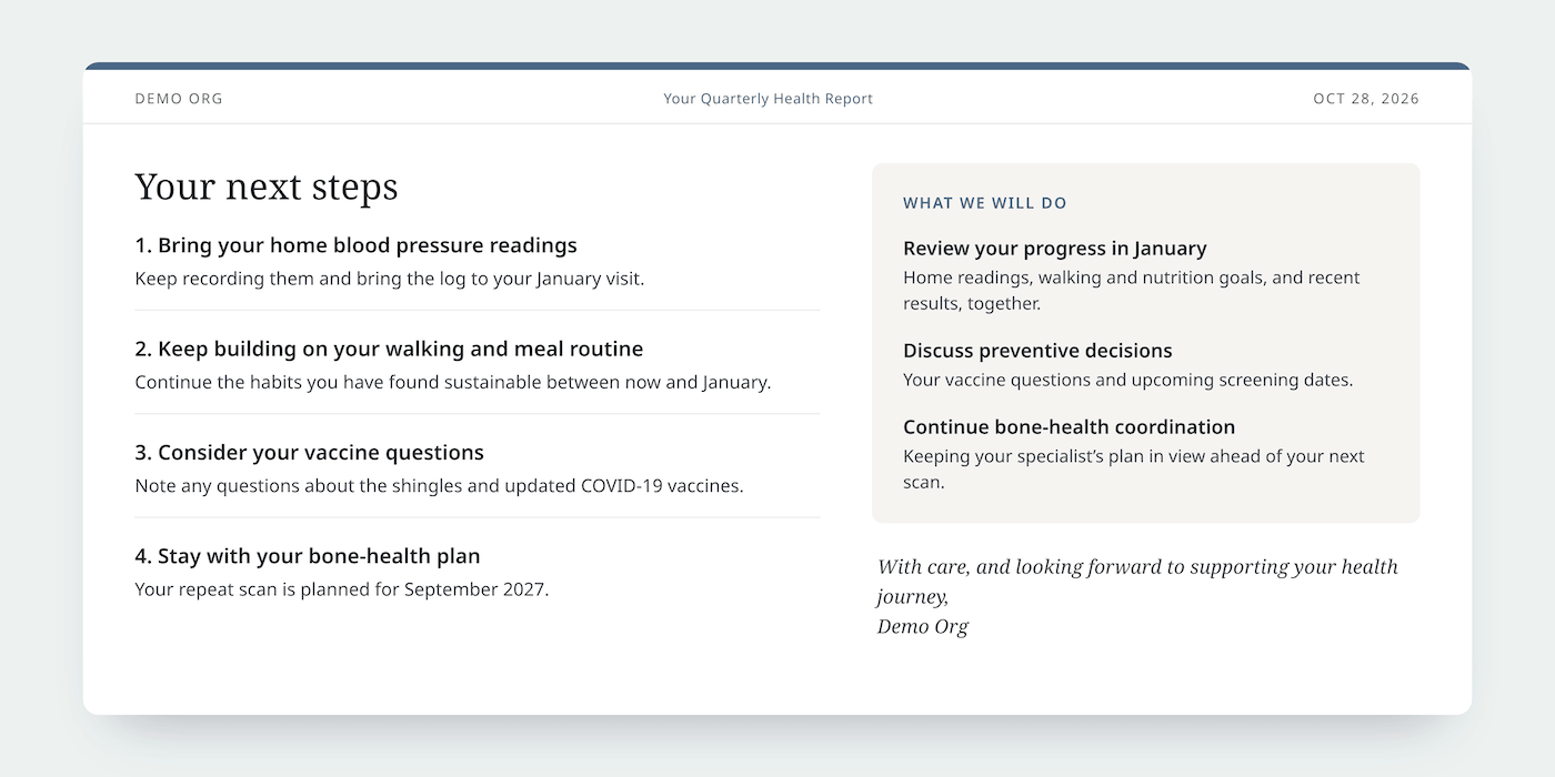 Patient report section listing the patient's next steps alongside what the care team will do before the next visit