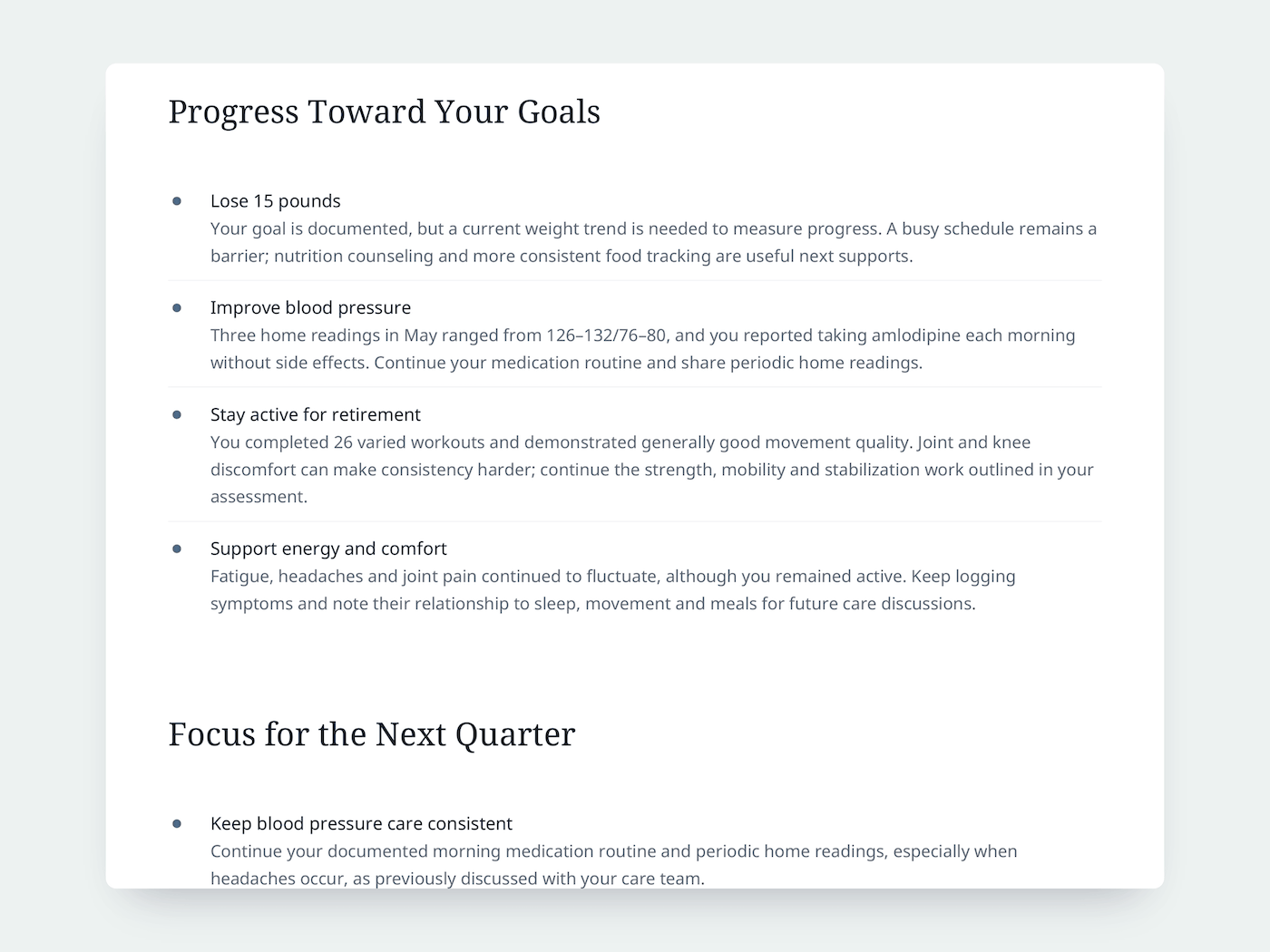 Patient report section showing progress toward four health goals and a focus for the next quarter