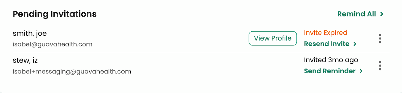 Screenshot of the Pending Invitations table with the Remind All button