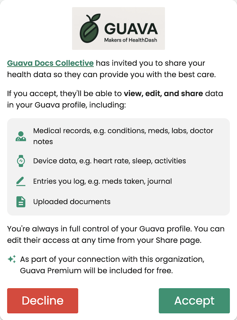 Consent screen in Guava where patients allow their provider to access health data