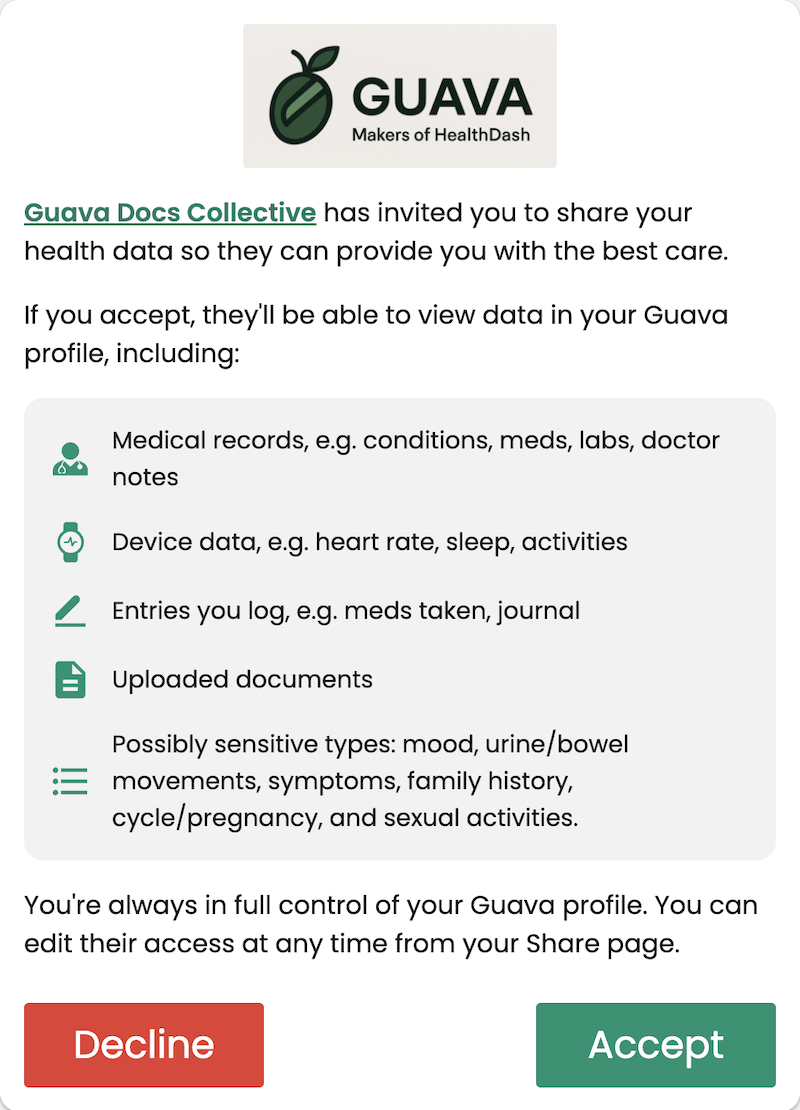 Consent screen in Guava where patients allow their provider to access health data