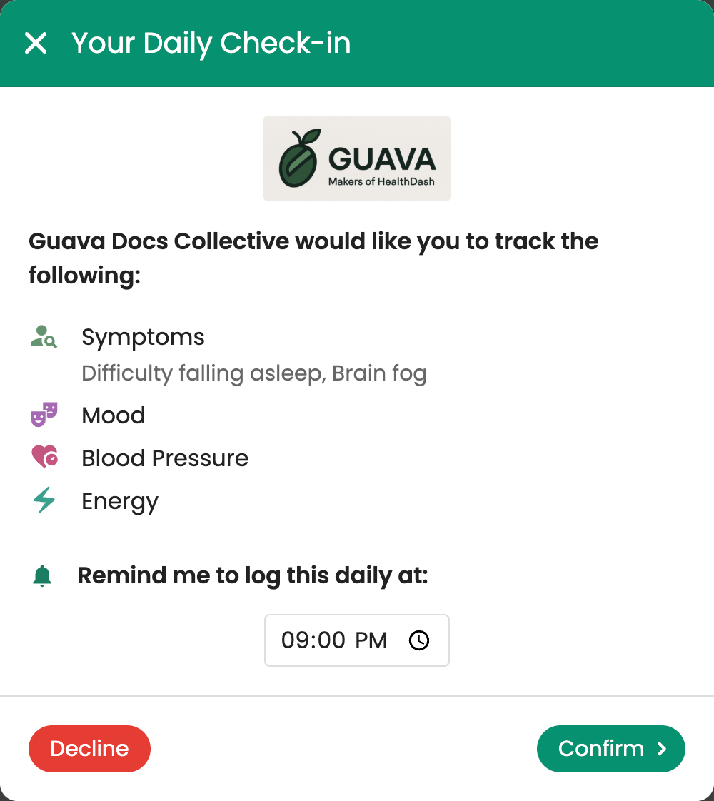 Prompt in Guava for patients to set a check-in time based on their provider’s recommendation