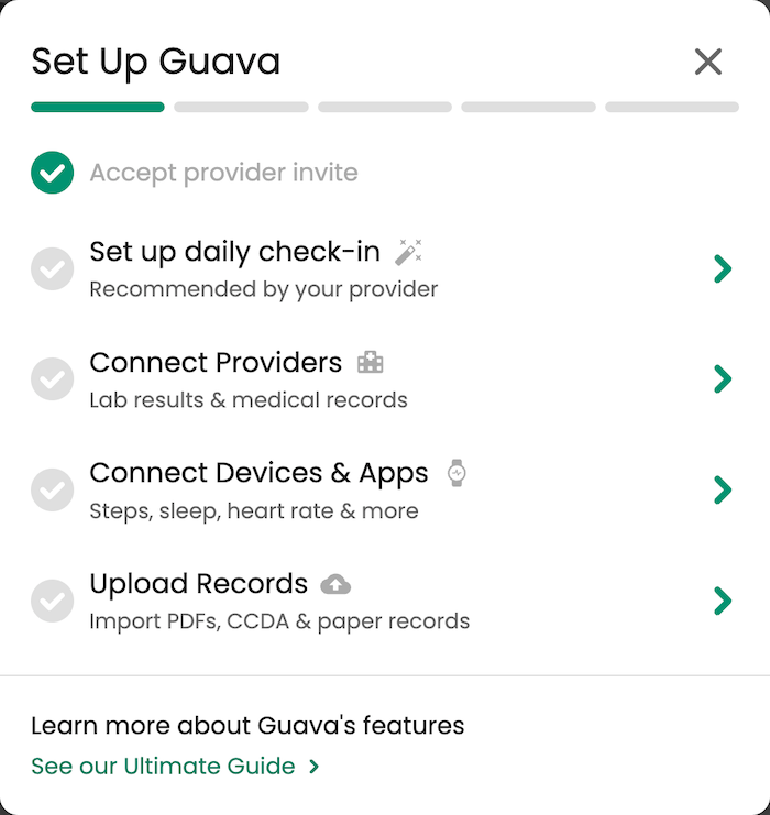 Guava onboarding checklist guiding patients to connect portals, devices, and trackers