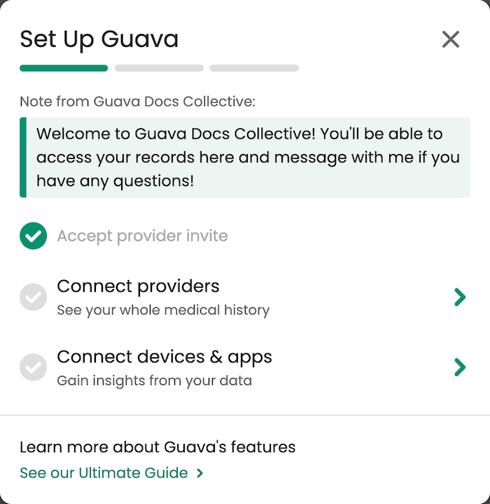 Guava onboarding checklist guiding patients to connect portals, devices, and trackers