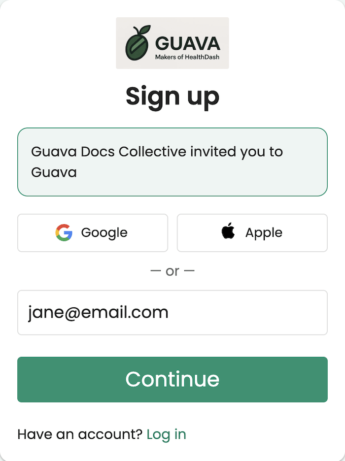 Signing up for Guava from a Provider Dashboard invite