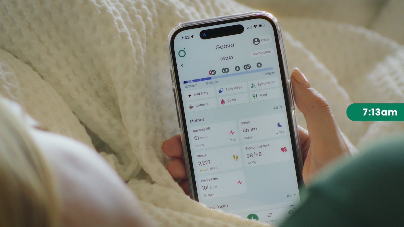 Example of Guava's Today page showing mood, energy, and vitals tracking features
