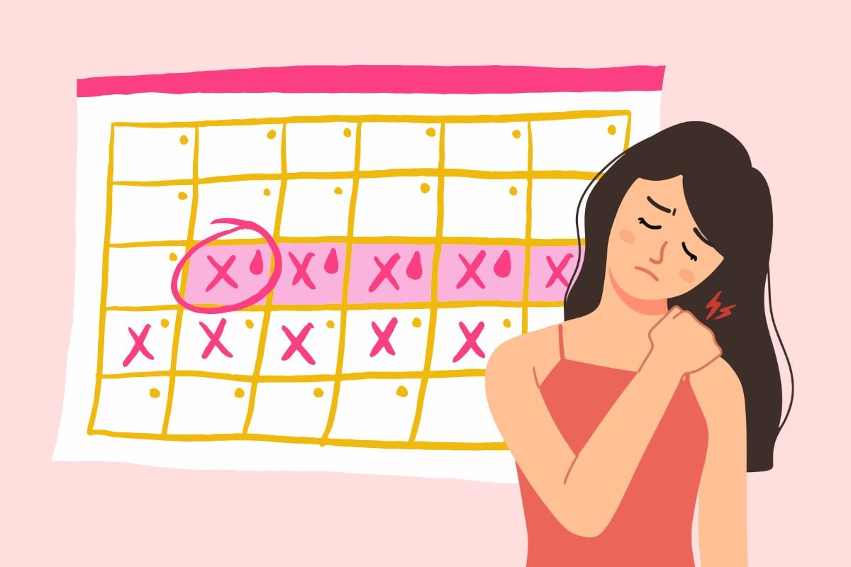 Visual guide to backtracking your menstrual cycle on a calendar, noting cramp symptoms, and promoting health awareness.