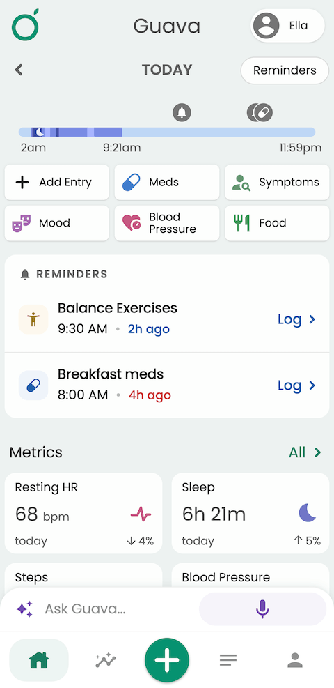 Guava patient app home tab showing a personalized health overview synced from the provider's practice