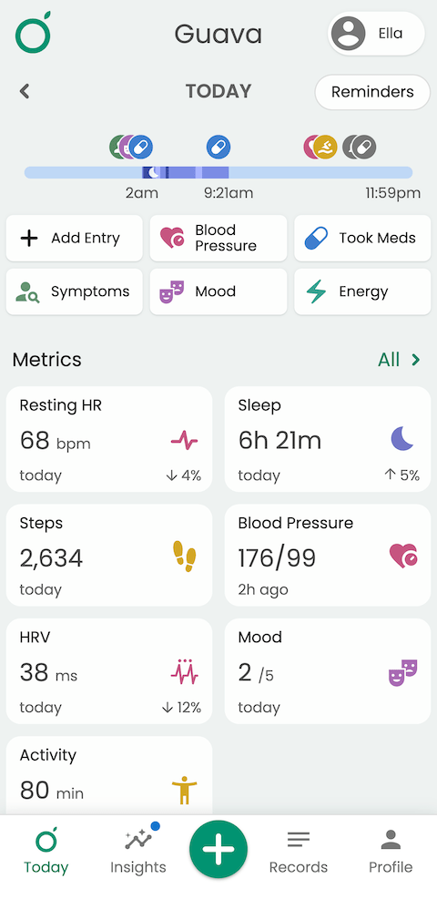Patients Today page in Guava, where they can log symptoms, meds, and see wearable data across multiple devices