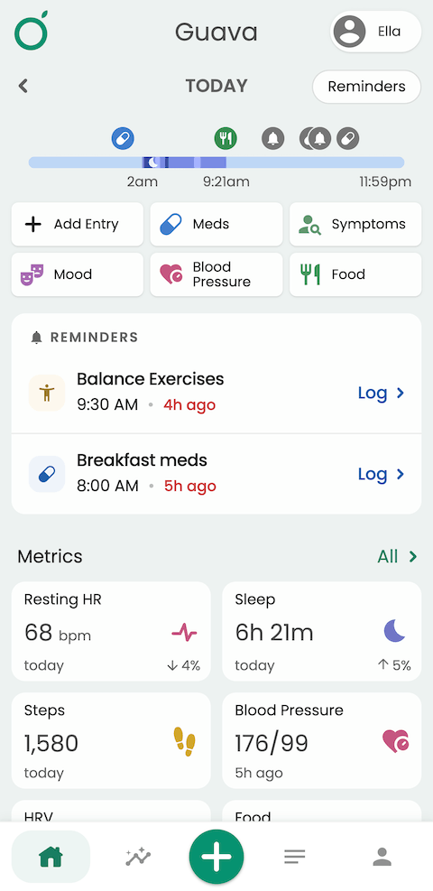 Patient Home tab in Guava, where they can log symptoms, meds, and see wearable data across multiple devices