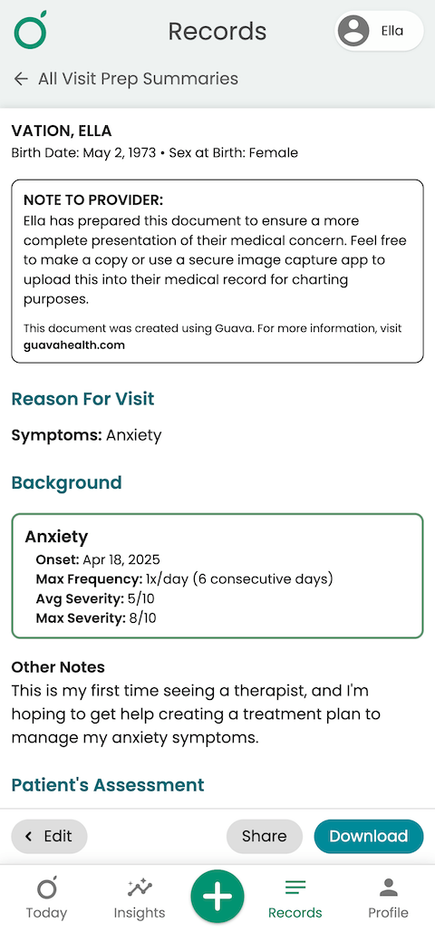 Guava Visit Prep tool showing provider notes, symptoms, and health history to prepare for therapy