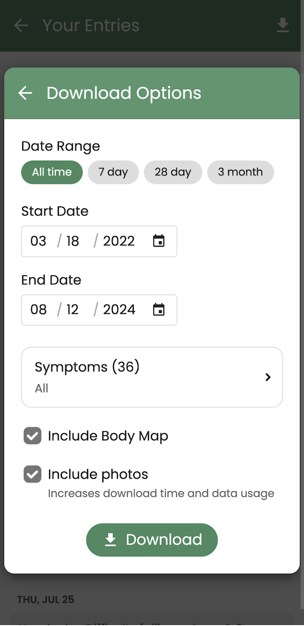 Download options for symptom entries in Guava