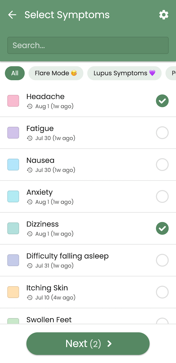 Selecting symptoms to log in Guava