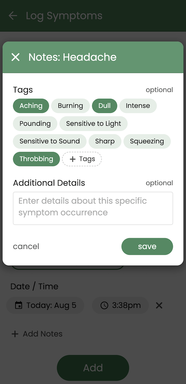 Logging symptom notes and tags