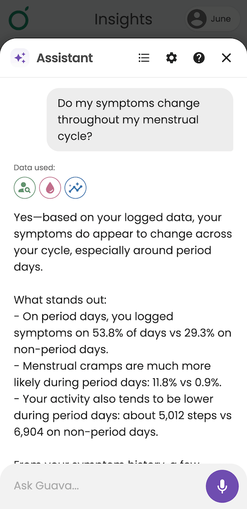 Guava AI Assistant identifying symptom correlations and health insights in the app