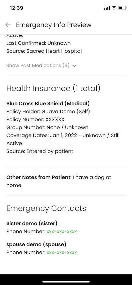 Guava Emergency view of health insurance and emergency contacts