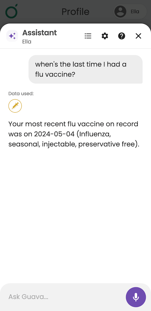 Guava AI Assistant answering a patient question using medical records and health data in the app