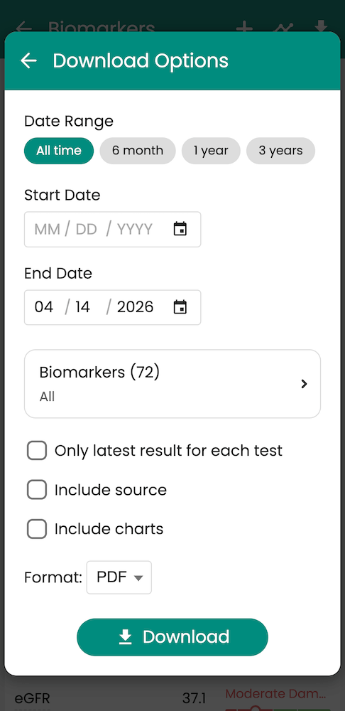 Viewing lab data download options in Guava