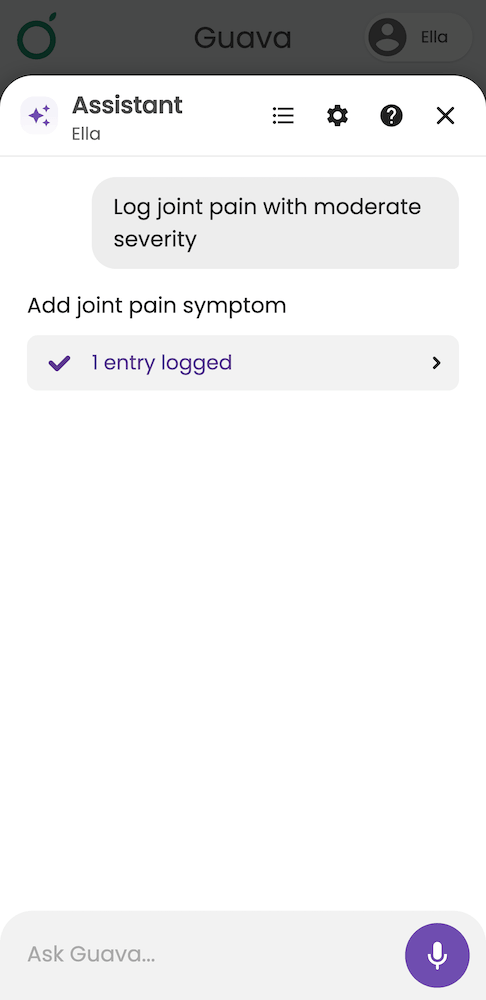 Guava AI Assistant used to log joint pain symptoms in the app