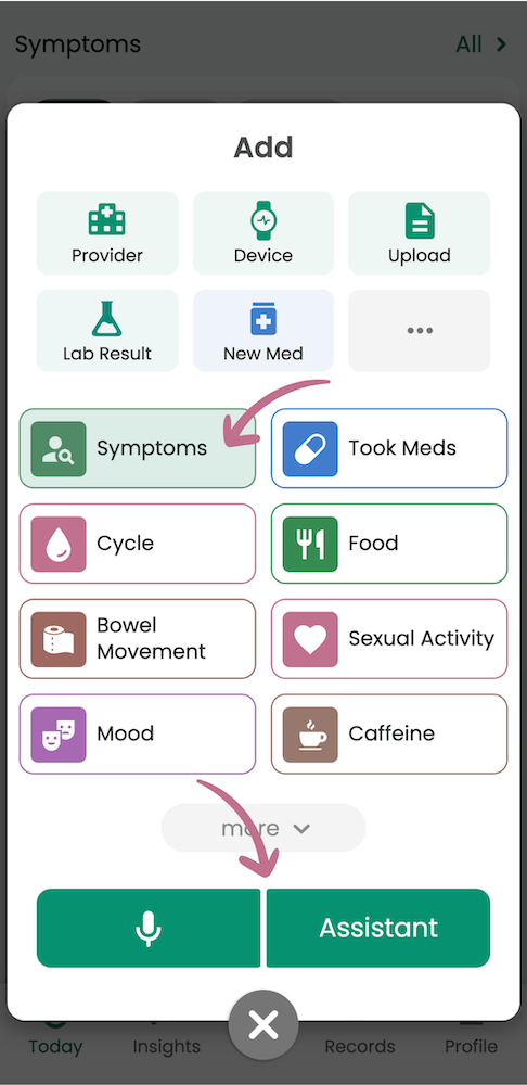 Symptom logging options in the Guava Health app, including 'Add Symptoms' and other health data like mood, cycle, and food tracking, accessible via the Assistant button.