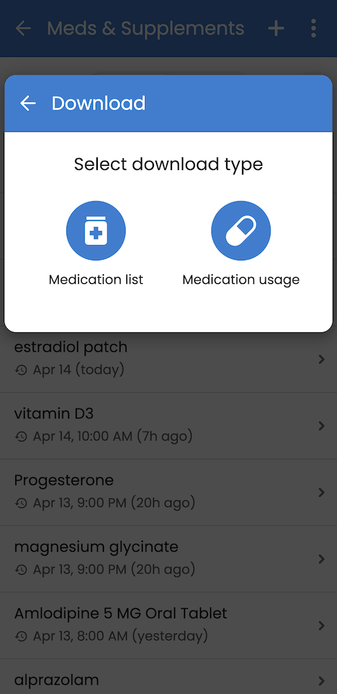Choosing to download med lists or med logs in Guava