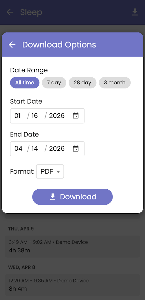 Options for downloading metric data like date range and format