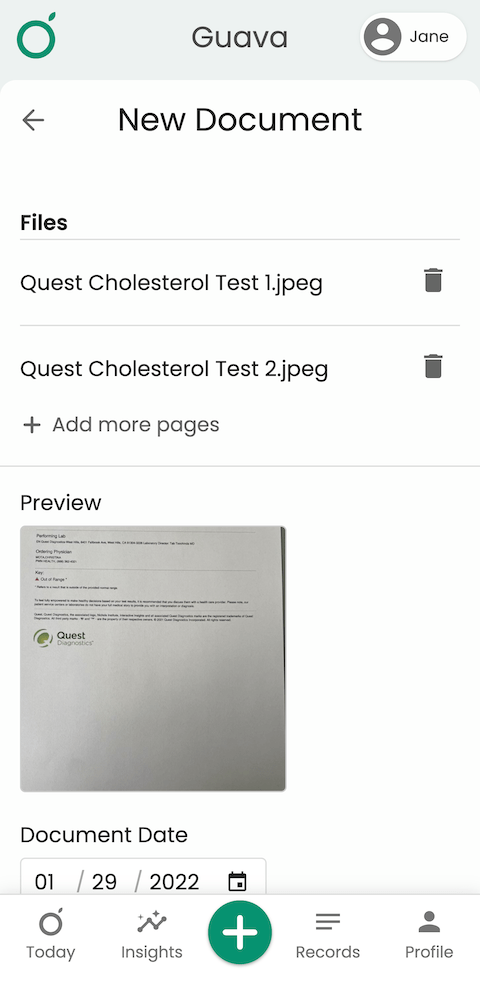 Uploading test results via PDF document in Guava