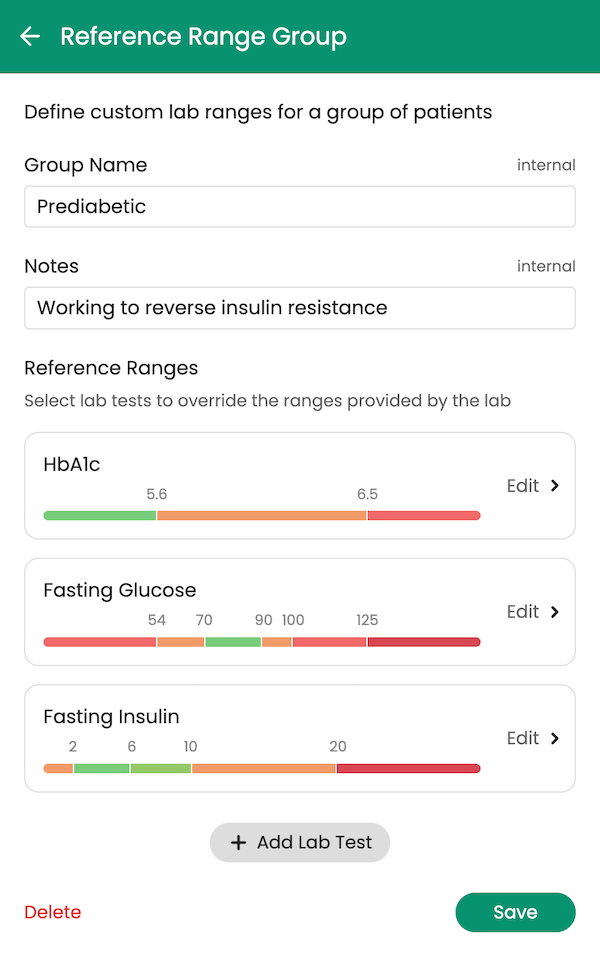 Screenshot showing custom cohort-level reference ranges for biomarkers within the Guava Provider Dashboard
