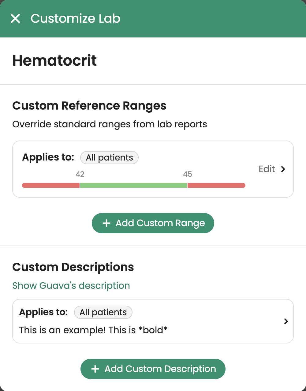 Screenshot showing custom cohort-level reference ranges for biomarkers within the Guava Provider Dashboard
