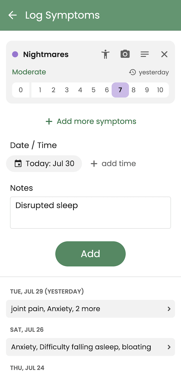 Example of a symptom log entry for nightmares using the Guava app