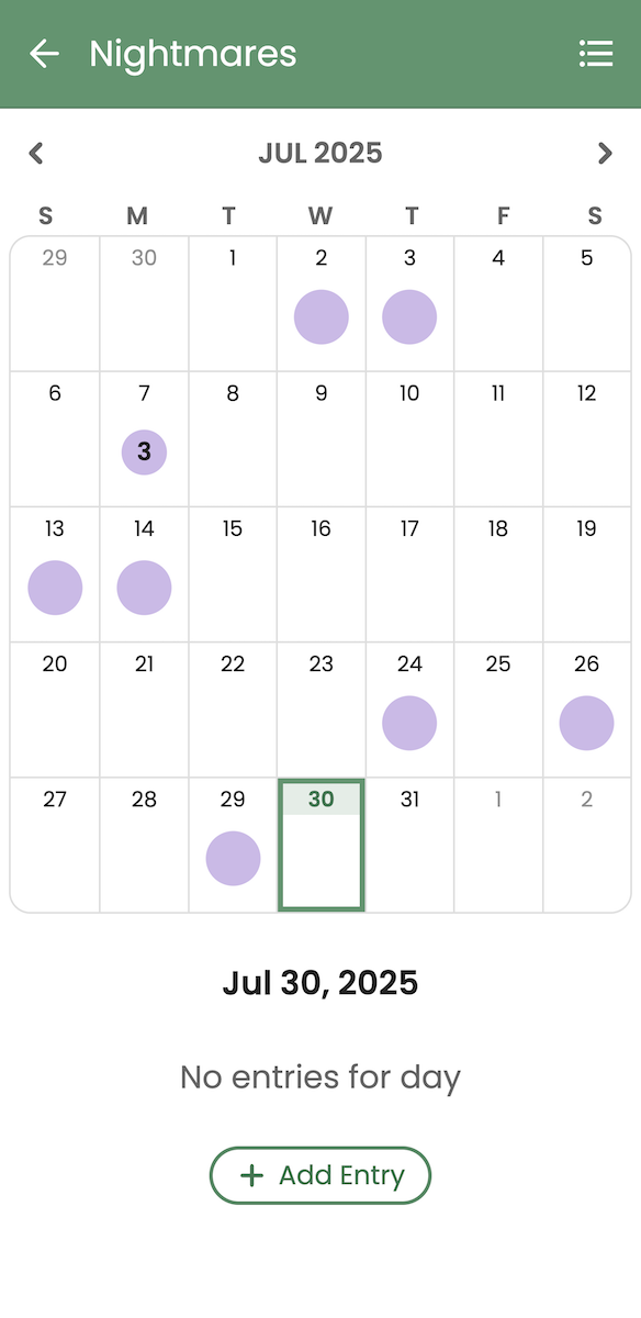 Screenshot of tracked nightmare symptoms in Guava for PTSD-related VA disability claims