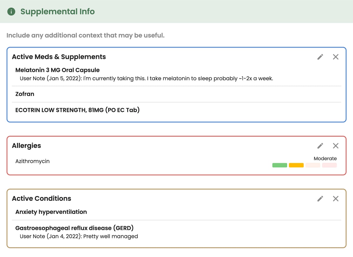 conditions, meds, and allergies pulled into visit prep summary