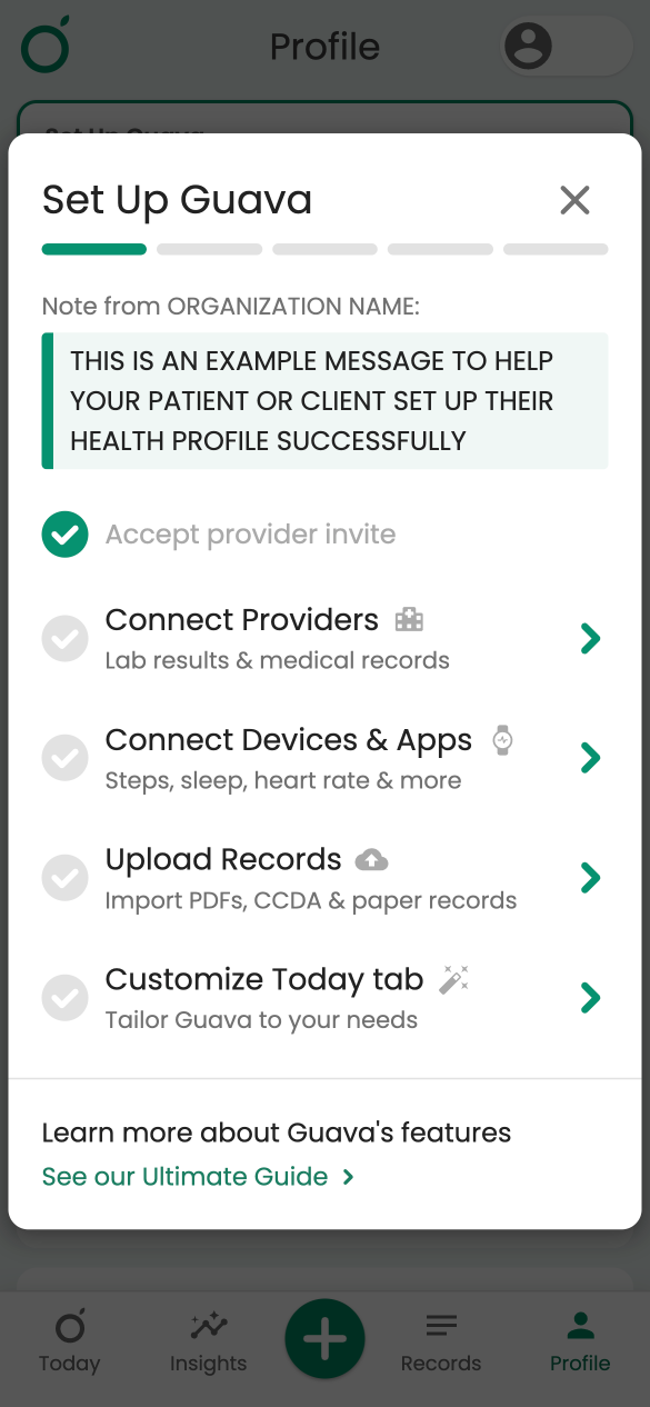 Screenshot of the patient-facing onboarding checklist in Guava profile setup